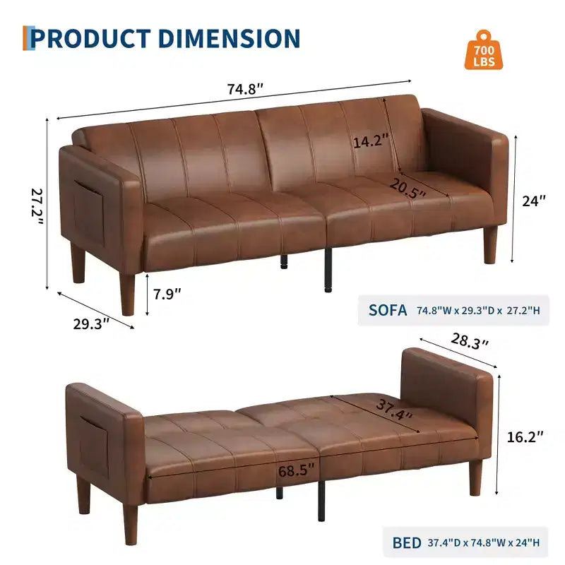 GustoWave 75 Divano letto futon convertibile, divano letto a due posti in pelle PU, schienale regolabile, tasche laterali, divano letto salvaspazio, marrone