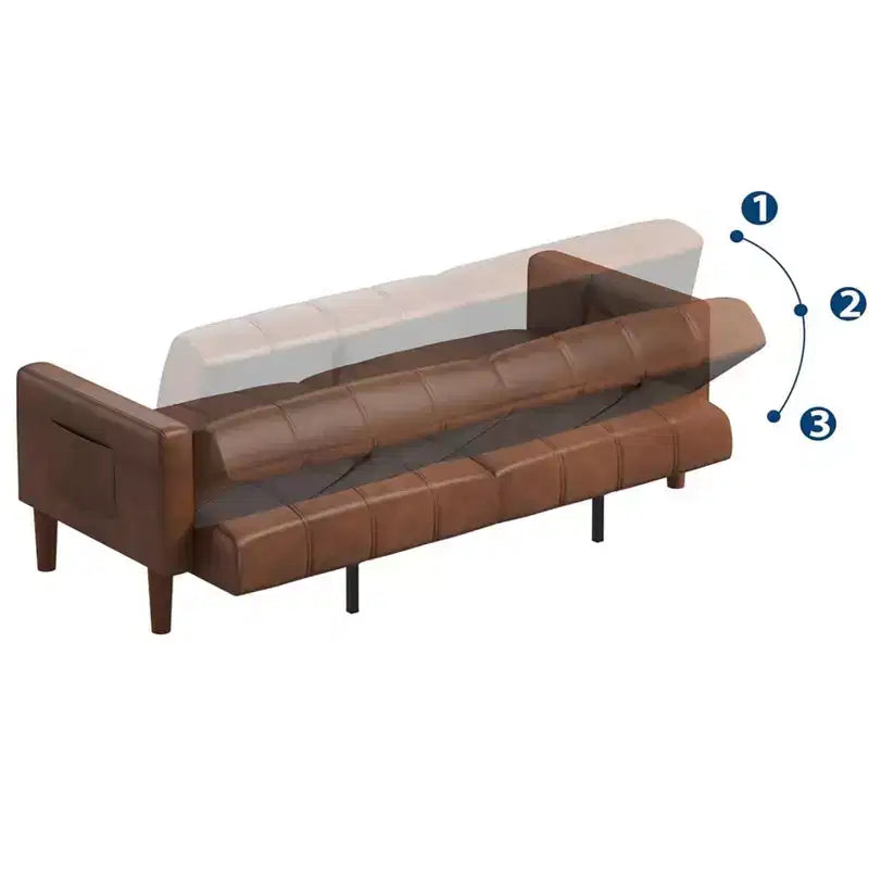 GustoWave 75 Divano letto futon convertibile, divano letto a due posti in pelle PU, schienale regolabile, tasche laterali, divano letto salvaspazio, marrone