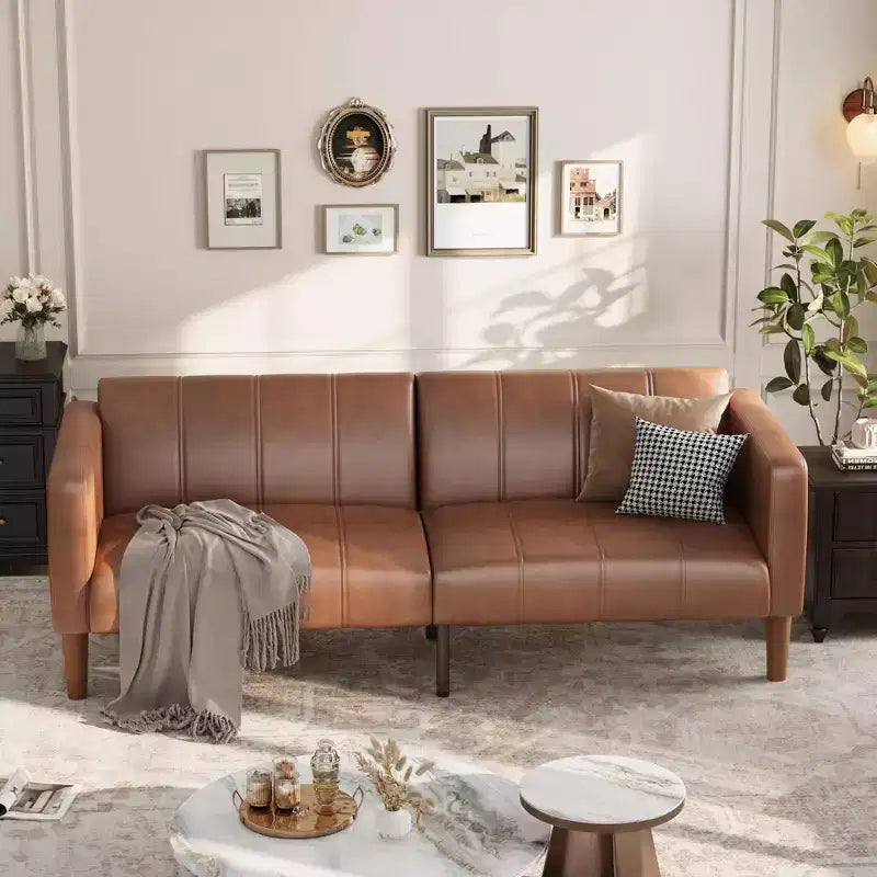 GustoWave 75 Divano letto futon convertibile, divano letto a due posti in pelle PU, schienale regolabile, tasche laterali, divano letto salvaspazio, marrone