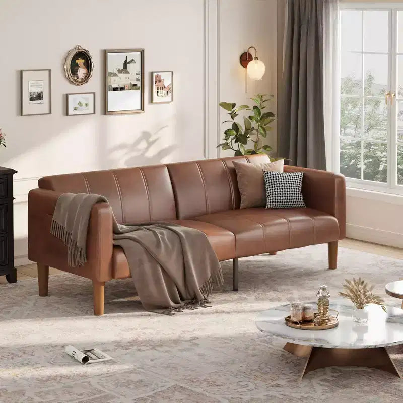 GustoWave 75 Divano letto futon convertibile, divano letto a due posti in pelle PU, schienale regolabile, tasche laterali, divano letto salvaspazio, marrone