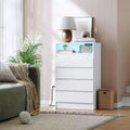 Acekool 4 Drawer Storage Cabinet with LED Light and Charging Station, White Modern Dresser, Utility Storage Cabinet for Bedroom and Living Room