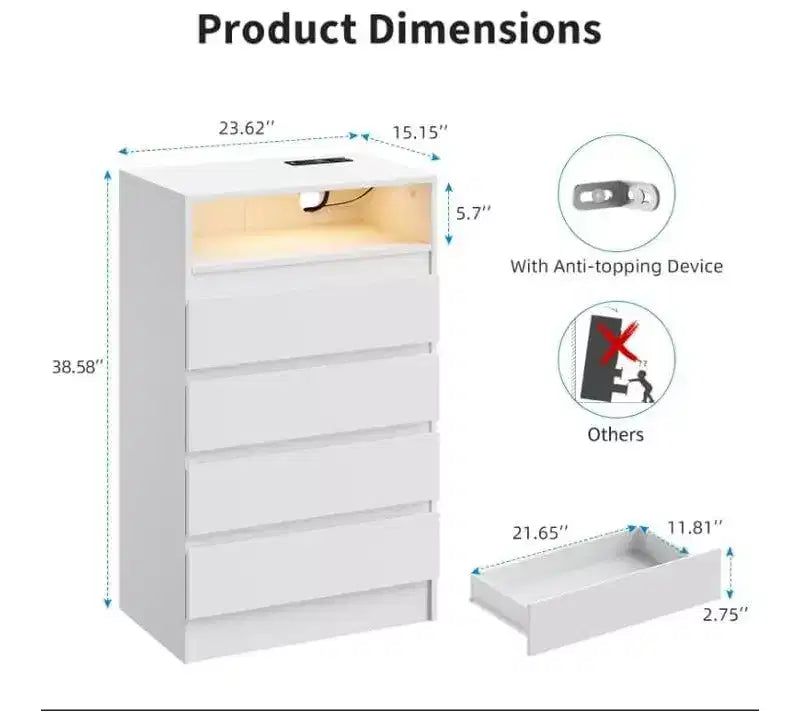 Acekool Cassettiera a 4 cassetti con luce LED e stazione di ricarica, comò moderno bianco, mobile contenitore multiuso per camera da letto e soggiorno