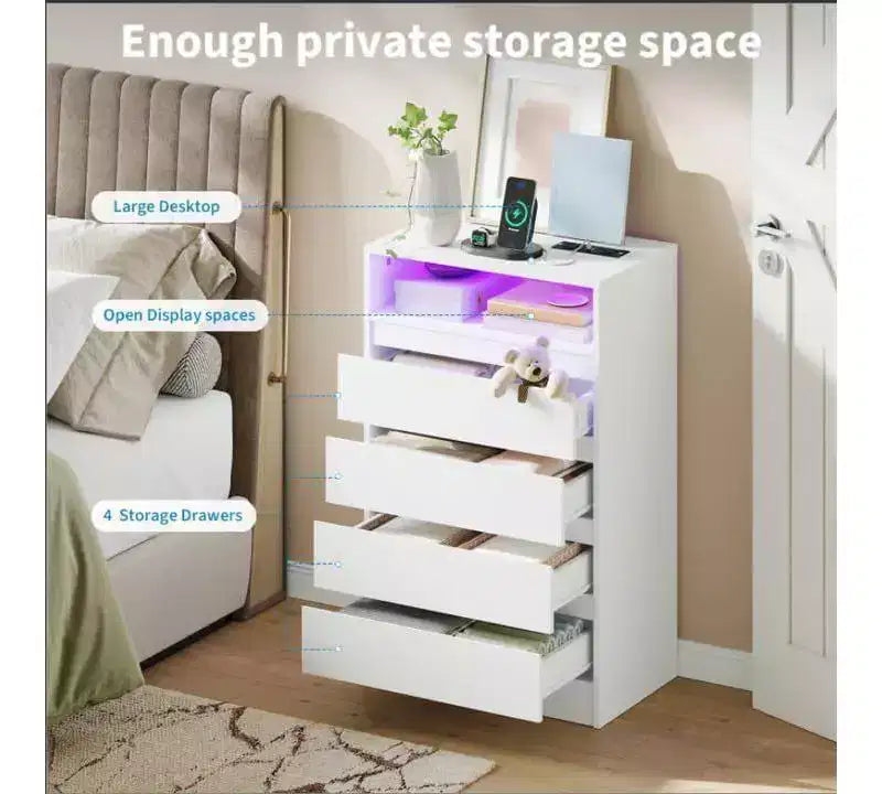 Acekool Cassettiera a 4 cassetti con luce LED e stazione di ricarica, comò moderno bianco, mobile contenitore multiuso per camera da letto e soggiorno