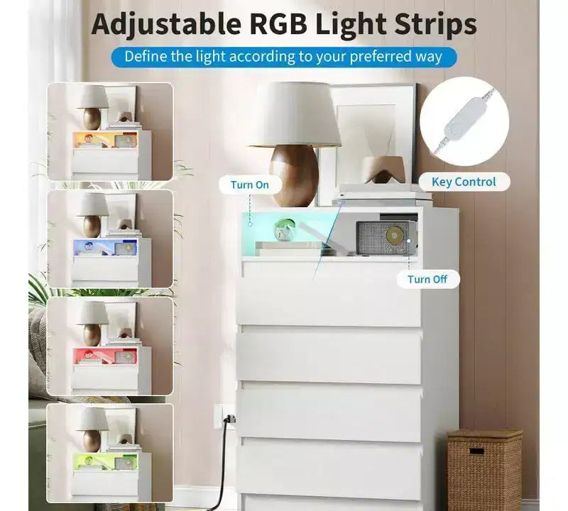 Acekool Cassettiera a 4 cassetti con luce LED e stazione di ricarica, comò moderno bianco, mobile contenitore multiuso per camera da letto e soggiorno