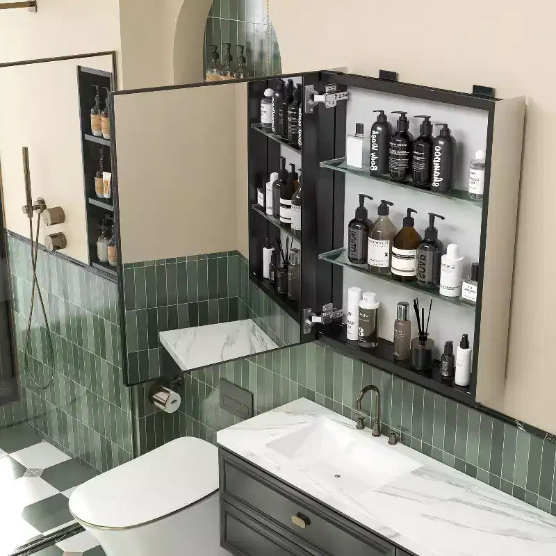Mobiletti da bagno moderni rettangolari MAYEERTY 26 x 20 pollici, specchio da parete con cornice in metallo e contenitore, nero
