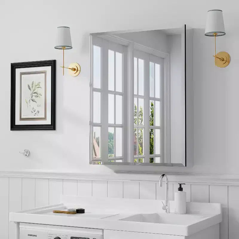 Mobiletti da bagno moderni rettangolari MAYEERTY 26 x 20 pollici, specchio da parete con cornice in metallo e contenitore, nero