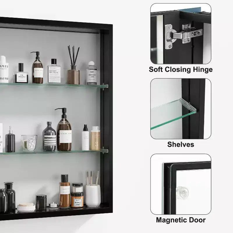 Mobiletti da bagno moderni rettangolari MAYEERTY 26 x 20 pollici, specchio da parete con cornice in metallo e contenitore, nero