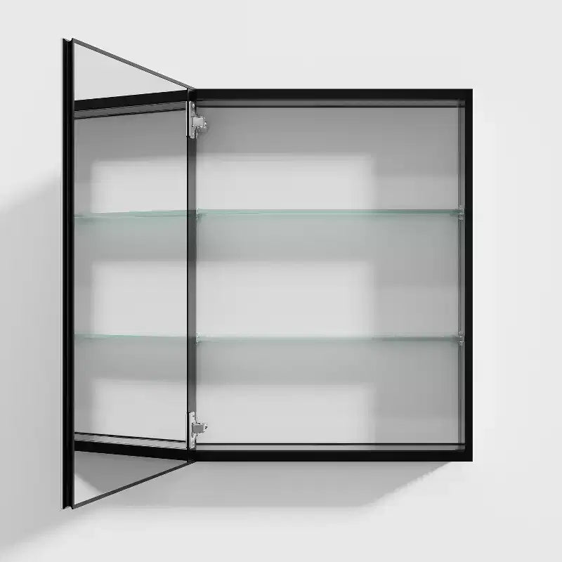 Mobiletti da bagno moderni rettangolari MAYEERTY 26 x 20 pollici, specchio da parete con cornice in metallo e contenitore, nero