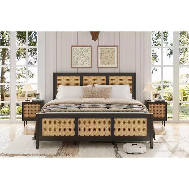 Letto a baldacchino Bohémien in Rattan Nero di Dimensioni Standard con Testiera, Solida Rete a Doghe in Metallo, Silenzioso, Nessuna Base a Molle Necessaria