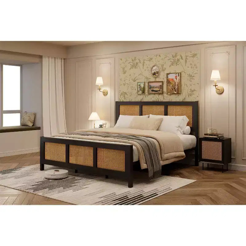 Letto a baldacchino Bohémien in Rattan Nero di Dimensioni Standard con Testiera, Solida Rete a Doghe in Metallo, Silenzioso, Nessuna Base a Molle Necessaria