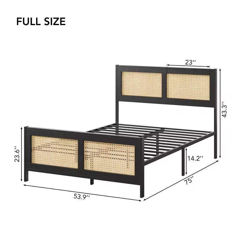 Letto a baldacchino Bohémien in Rattan Nero di Dimensioni Standard con Testiera, Solida Rete a Doghe in Metallo, Silenzioso, Nessuna Base a Molle Necessaria