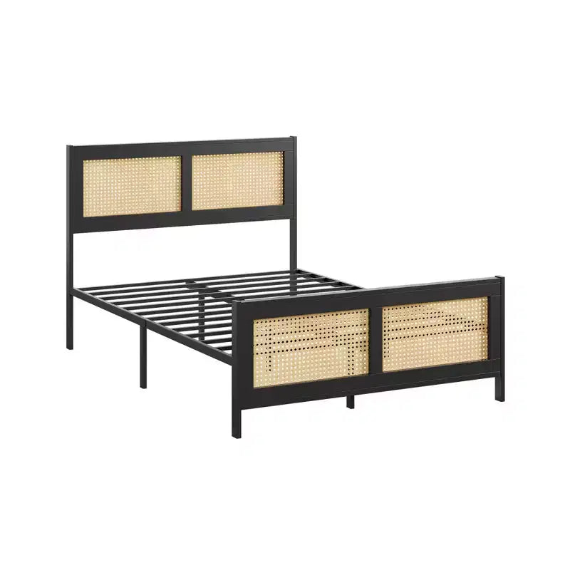 Letto a baldacchino Bohémien in Rattan Nero di Dimensioni Standard con Testiera, Solida Rete a Doghe in Metallo, Silenzioso, Nessuna Base a Molle Necessaria
