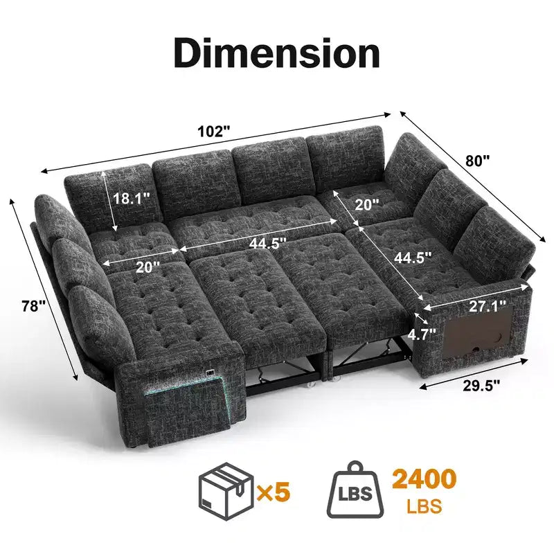 Divano componibile Dyonery a 8 posti a U con letto estraibile/schienale reclinabile/porte USB/luce LED, montaggio senza attrezzi, ciniglia beige