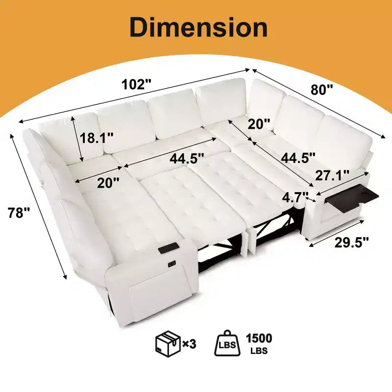 Divano componibile Dyonery a 8 posti a U con letto estraibile/schienale reclinabile/porte USB/luce LED, montaggio senza attrezzi, ciniglia beige
