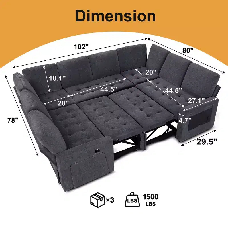 Divano componibile Dyonery a 8 posti a U con letto estraibile/schienale reclinabile/porte USB/luce LED, montaggio senza attrezzi, ciniglia beige