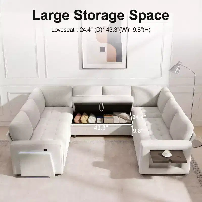 Divano componibile Dyonery a 8 posti a U con letto estraibile/schienale reclinabile/porte USB/luce LED, montaggio senza attrezzi, ciniglia beige