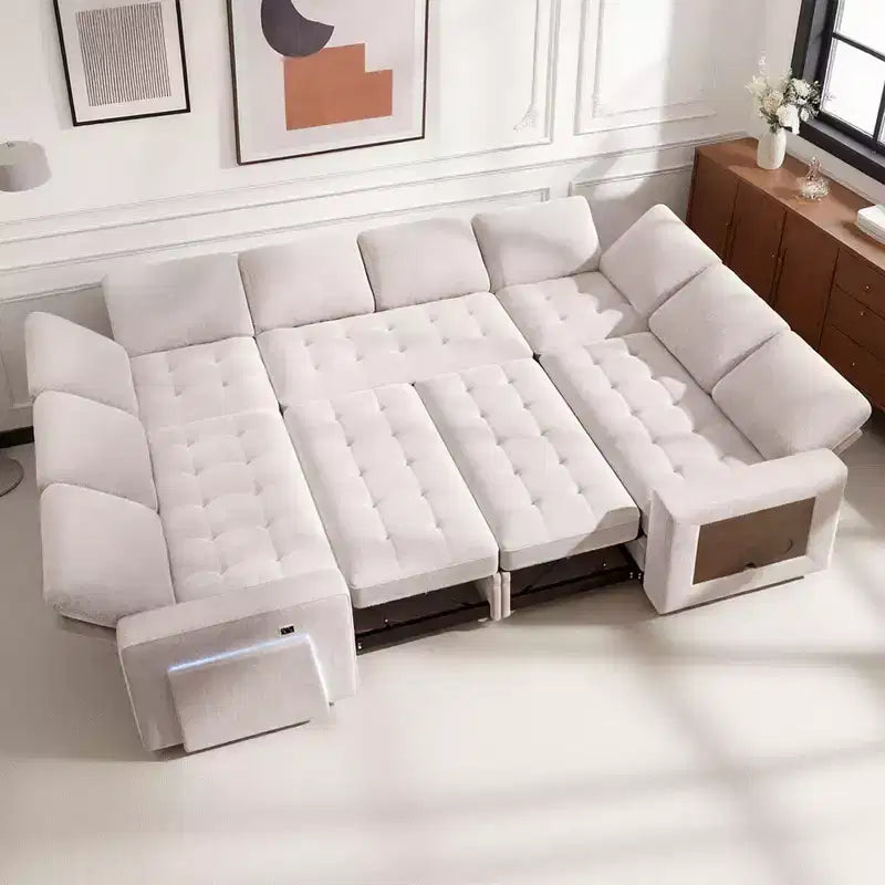 Dyonery 8 Seat U-Shaped Modular Sectional Sleeper Sofa with Pull Out Bed/Reclining Backrest/USB Ports/LED Light Tool-Free Assembly,Chenille Beige