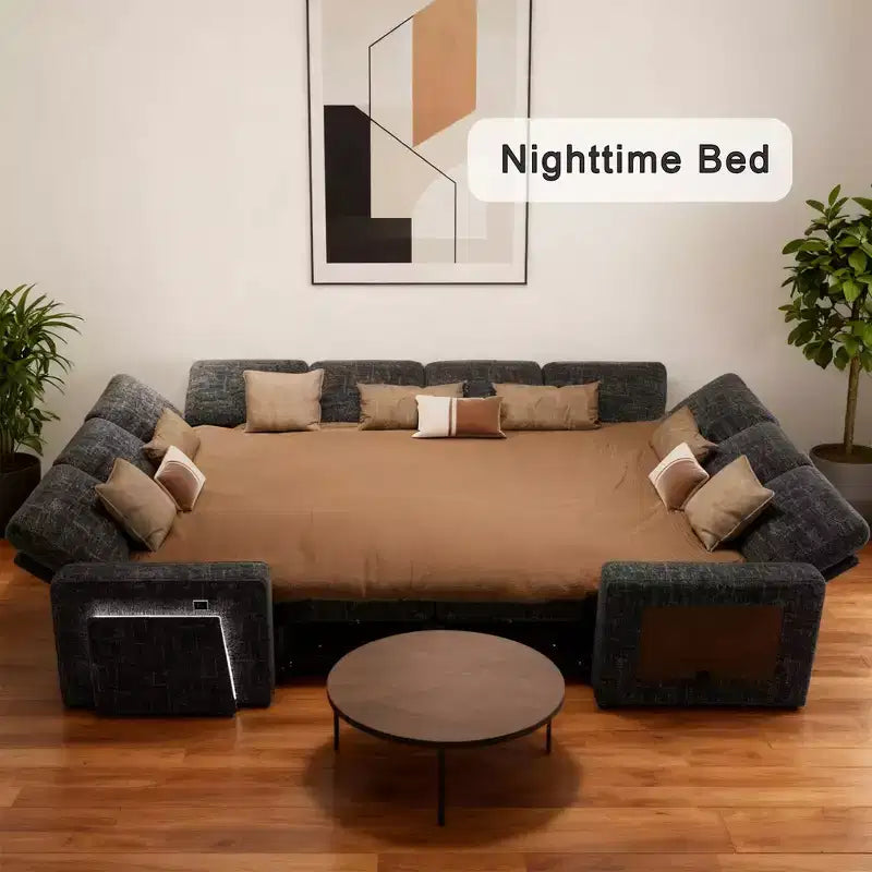 Divano componibile Dyonery a 8 posti a U con letto estraibile/schienale reclinabile/porte USB/luce LED, montaggio senza attrezzi, ciniglia beige