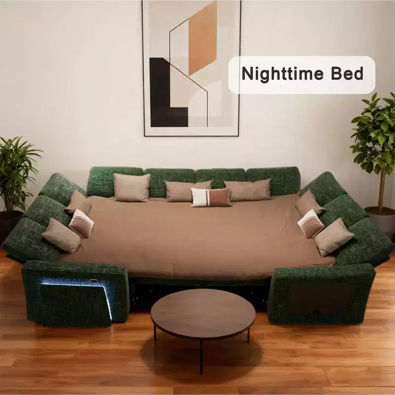 Divano componibile Dyonery a 8 posti a U con letto estraibile/schienale reclinabile/porte USB/luce LED, montaggio senza attrezzi, ciniglia beige