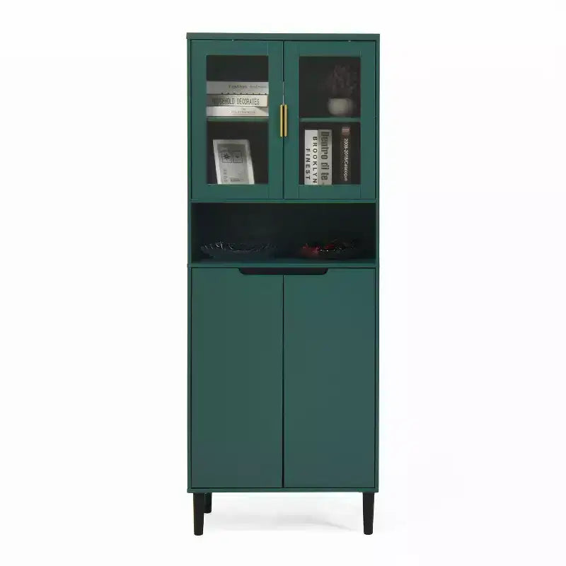 Libreria alta Okak con ripiani regolabili, scaffale autoportante con 4 ante in vetro temperato, vetrina per soggiorno, ufficio, verde