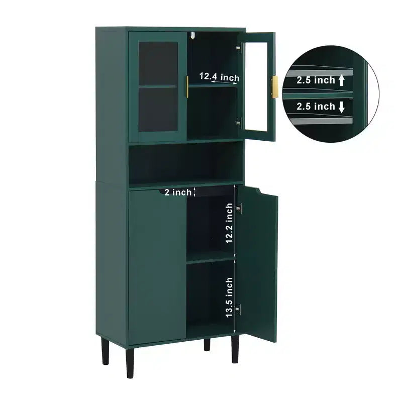 Libreria alta Okak con ripiani regolabili, scaffale autoportante con 4 ante in vetro temperato, vetrina per soggiorno, ufficio, verde