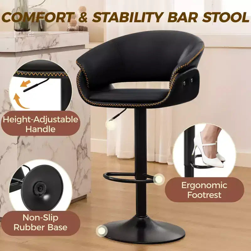 KERDOM Set di 4 Sgabelli da Bar, Sedie da Bar Girevoli Regolabili Moderne, Imbottite in Ecopelle, Regolabili in Altezza per Soggiorno, Nero