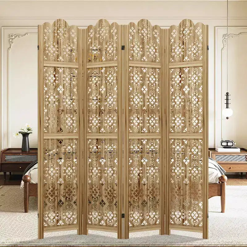 MAYEERTY 160 x 170 cm Divisorio Pieghevole per Stanze in Legno, Pannello Separatore per Interni, 4 Pannelli, Marrone