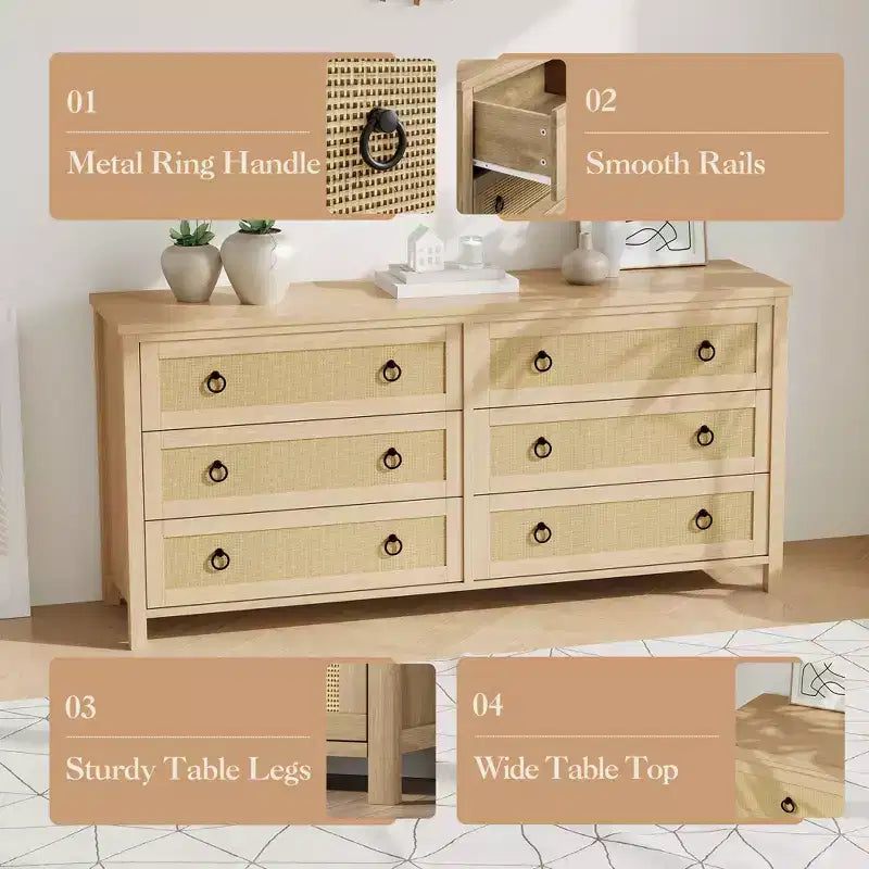 Cassettiera in Rattan a 7 Cassetti, Cassettiera Boho per Camera da Letto, Cassettiera, Organizzatore per Armadio, Cassettiera in Legno Naturale per Camera da Letto, Soggiorno, Ingresso