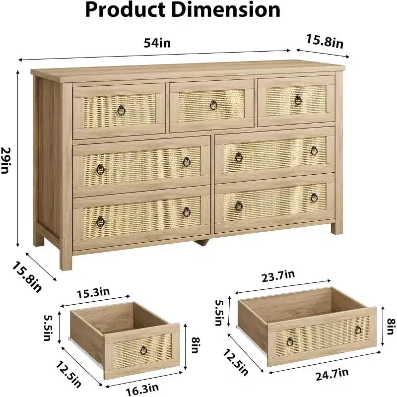 Cassettiera in Rattan a 7 Cassetti, Cassettiera Boho per Camera da Letto, Cassettiera, Organizzatore per Armadio, Cassettiera in Legno Naturale per Camera da Letto, Soggiorno, Ingresso