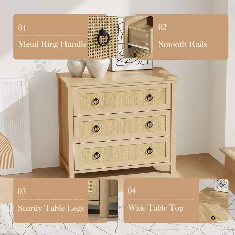 Cassettiera in Rattan a 7 Cassetti, Cassettiera Boho per Camera da Letto, Cassettiera, Organizzatore per Armadio, Cassettiera in Legno Naturale per Camera da Letto, Soggiorno, Ingresso
