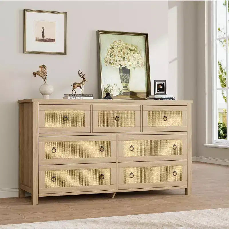 Cassettiera in Rattan a 7 Cassetti, Cassettiera Boho per Camera da Letto, Cassettiera, Organizzatore per Armadio, Cassettiera in Legno Naturale per Camera da Letto, Soggiorno, Ingresso