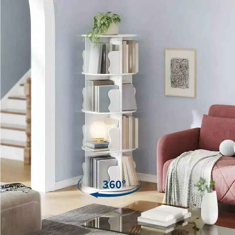 Libreria Girevole Coolmee a 4 Ripiani, Scaffale ad Angolo Rotante Salvaspazio, Torre Porta Libri Girevole a 360 Gradi