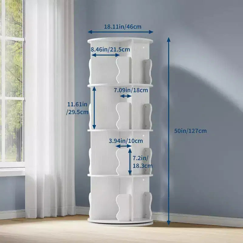 Libreria Girevole Coolmee a 4 Ripiani, Scaffale ad Angolo Rotante Salvaspazio, Torre Porta Libri Girevole a 360 Gradi
