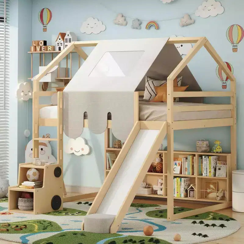 Polibi Loft Playhouse Bed with Slide, Tent Canopy & Built-in Storage