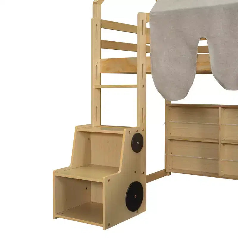 Letto a soppalco Polibi con scivolo, tenda a baldacchino e contenitore integrato
