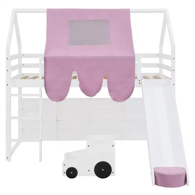 Letto a soppalco Polibi con scivolo, tenda a baldacchino e contenitore integrato