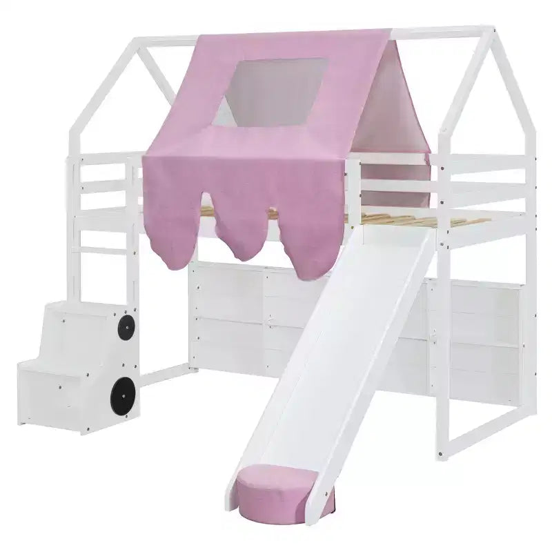 Letto a soppalco Polibi con scivolo, tenda a baldacchino e contenitore integrato