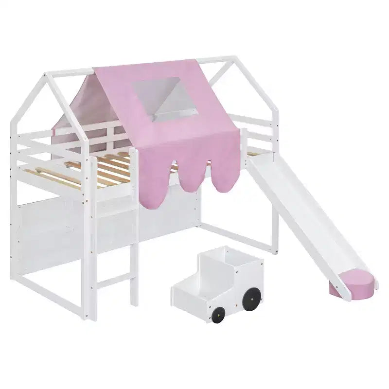 Letto a soppalco Polibi con scivolo, tenda a baldacchino e contenitore integrato