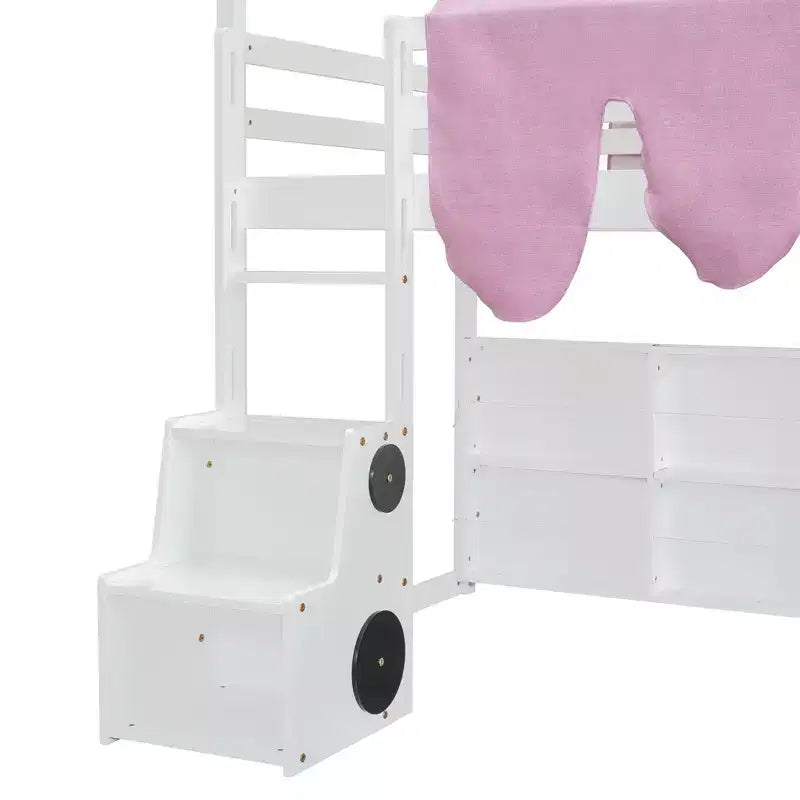 Letto a soppalco Polibi con scivolo, tenda a baldacchino e contenitore integrato