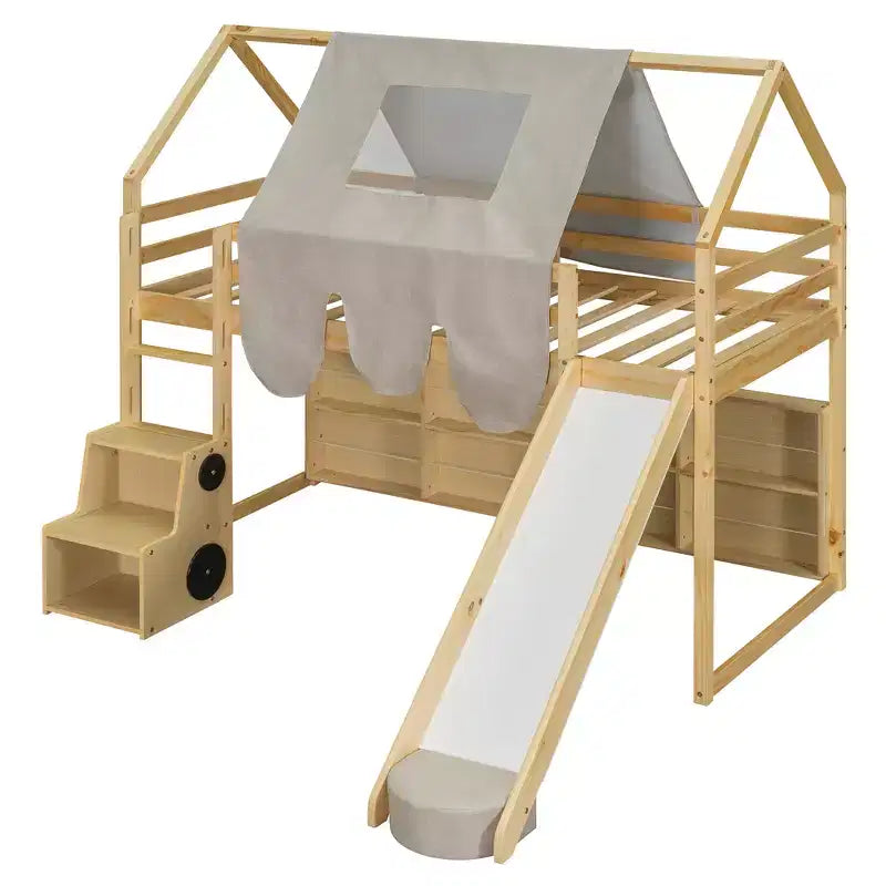 Letto a soppalco Polibi con scivolo, tenda a baldacchino e contenitore integrato