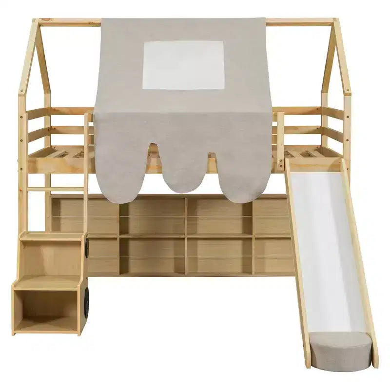 Letto a soppalco Polibi con scivolo, tenda a baldacchino e contenitore integrato