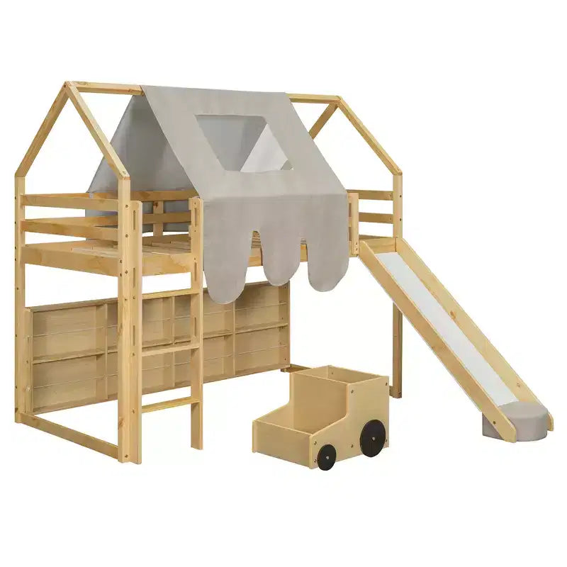 Letto a soppalco Polibi con scivolo, tenda a baldacchino e contenitore integrato