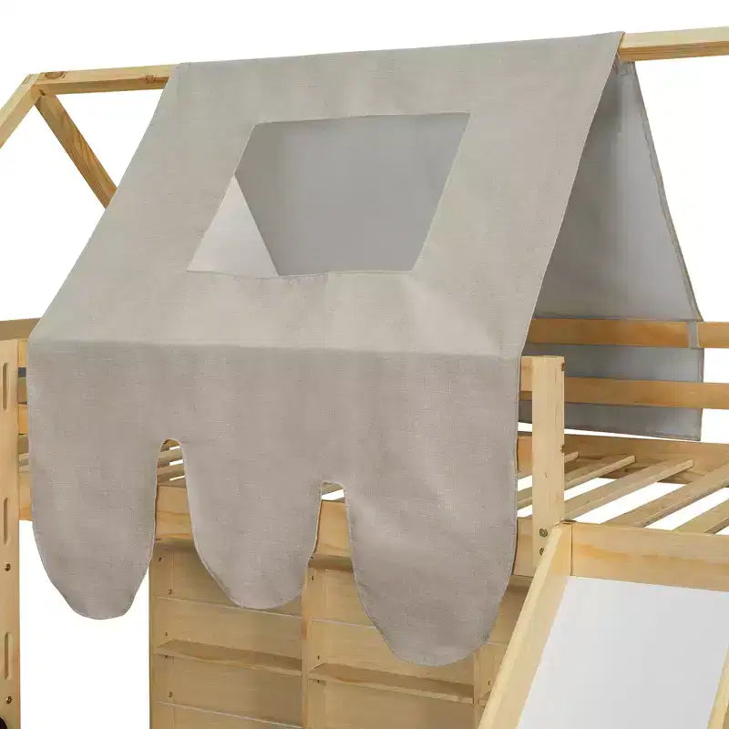 Letto a soppalco Polibi con scivolo, tenda a baldacchino e contenitore integrato