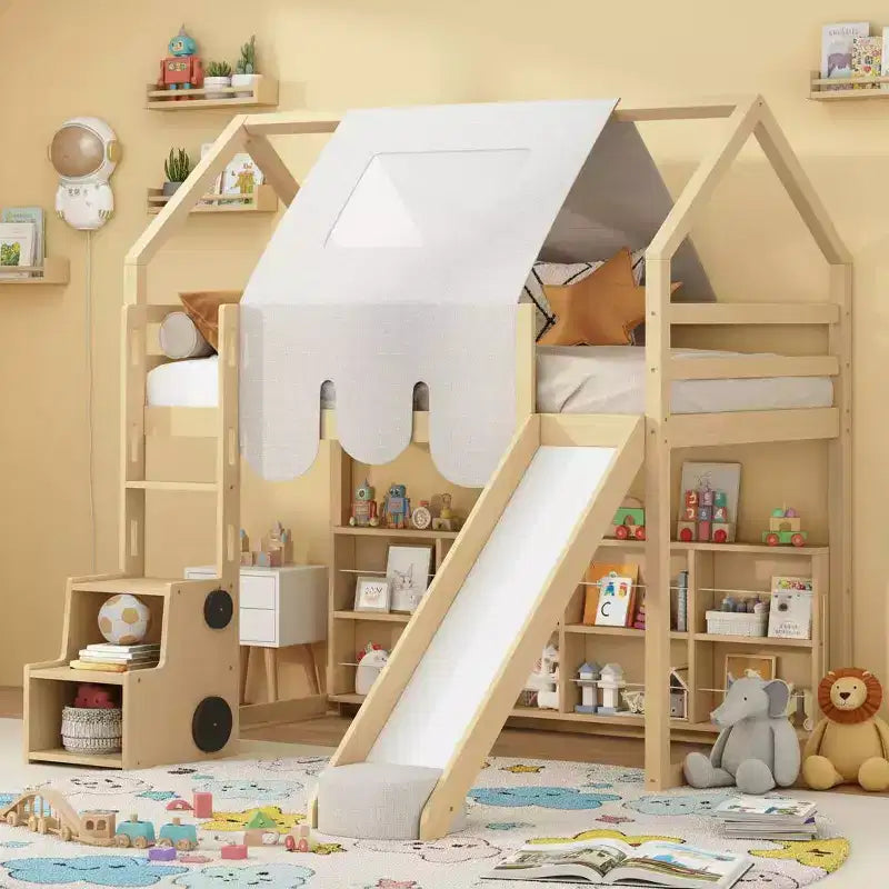 Letto a soppalco Polibi con scivolo, tenda a baldacchino e contenitore integrato