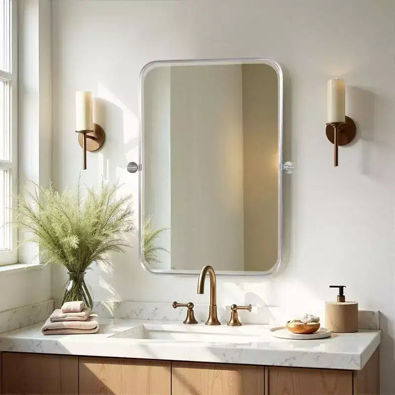 PexFix 36 x 24 Specchio Rettangolare Girevole da Parete in Ferro Argento Specchio Inclinabile per Bagno Specchio da Trucco con Cornice in Metallo Regolabile a Due Vie per Camera da Letto Soggiorno
