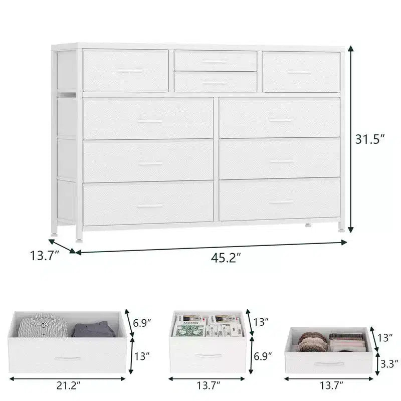 Comodino con 10 cassetti in tessuto per camera da letto, cassettiera moderna