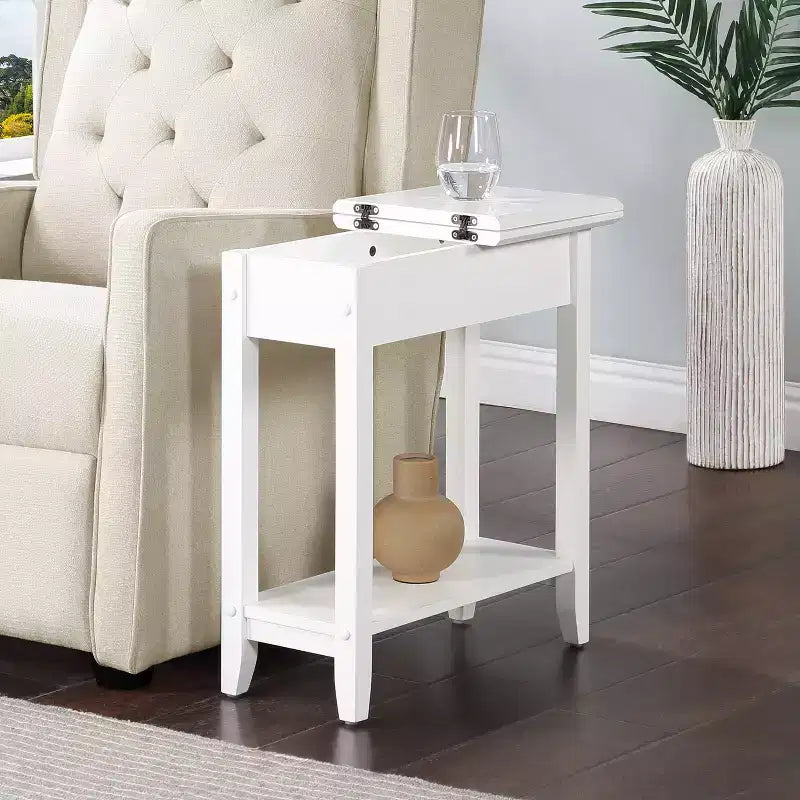 HomeStock Belmont Flip Top End Table with Concealed Storage Compartment, Straight Legs and Sleek Narrow Design for Any Living Room