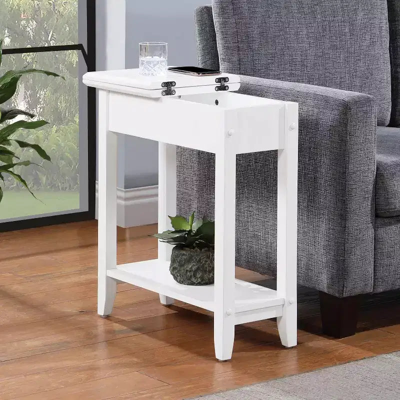 HomeStock Belmont Flip Top End Table with Concealed Storage Compartment, Straight Legs and Sleek Narrow Design for Any Living Room