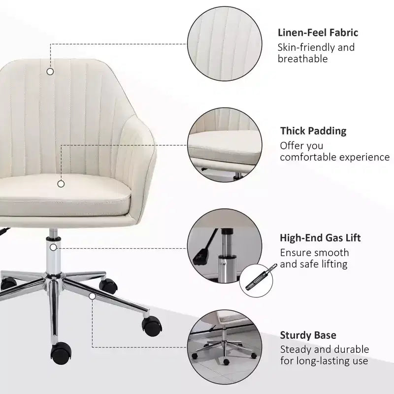 Sedia da ufficio Okak Mid Back, sedia da scrivania con altezza regolabile, sedia imbottita confortevole per soggiorno, ufficio, studio, beige