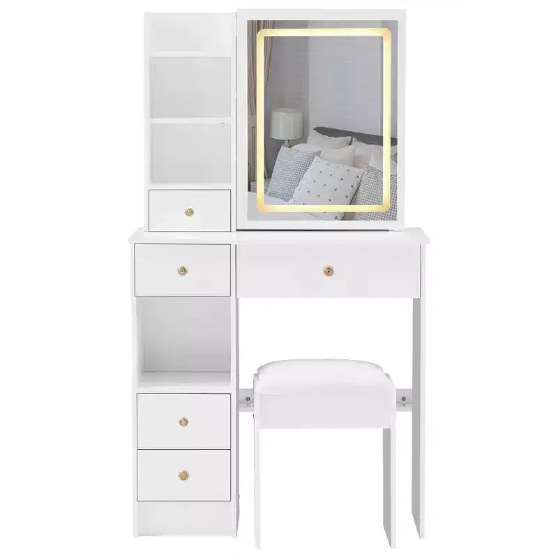 Set Tavolo da Trucco Homy Casa con Specchio Illuminato e Cassetti Contenitore per Camera da Letto o Spogliatoio, Bianco